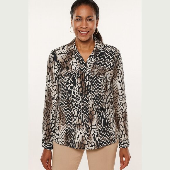 Chico's Long Sleeve Brown and Ivory 100% Silk Blouse Women's Sz 2 - Picture 1 of 5